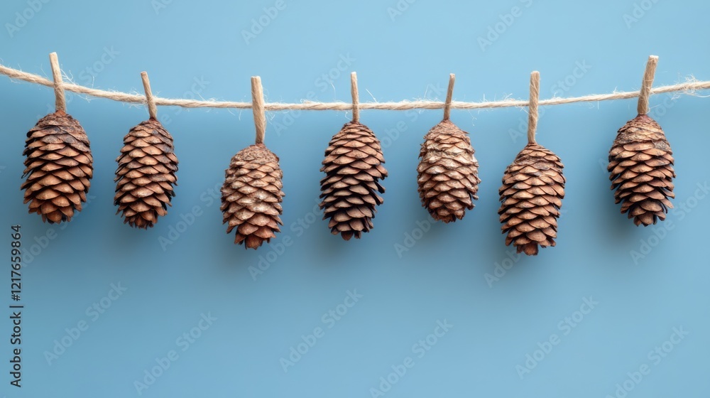 Poster pinecones hanging on twine against a blue background with copy space for text placement