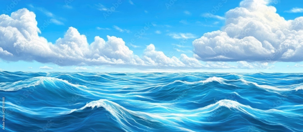 Aufkleber Serene Ocean View Under Clear Blue Sky with Fluffy Clouds and Gentle Rolling Waves Ideal for Text Placement and Promotional Uses