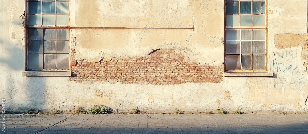 Poster urban building exterior with weathered walls featuring damaged textures ideal for poster mockup and 