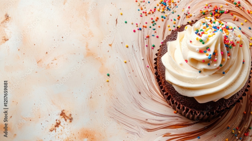 Aufkleber chocolate cupcake with cream topping and colorful sprinkles on swirled background with space for tex