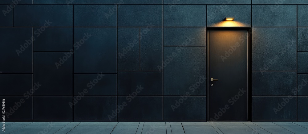 Poster black tiled exterior wall with illuminated door at night featuring ample empty copyspace for text or