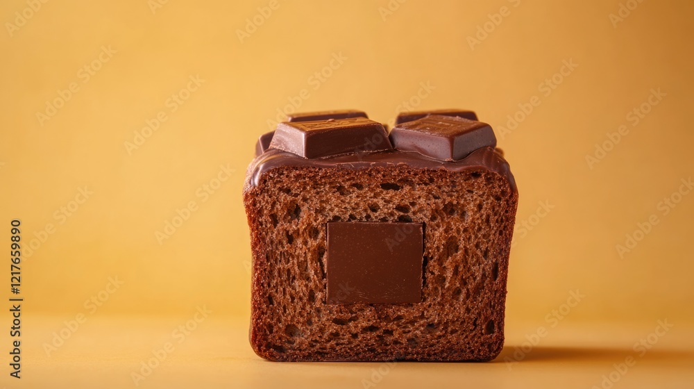 Poster chocolate cube bread concept with decorative chocolate topping and space for custom text on a vibran