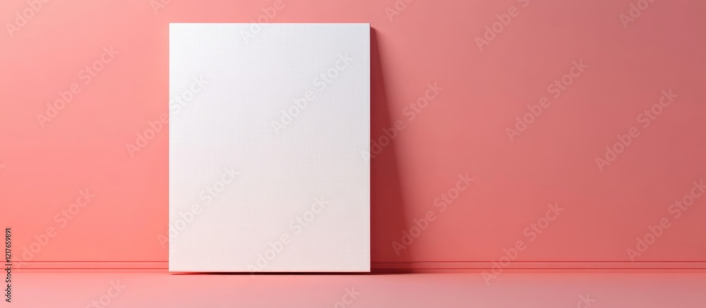 Poster blank canvas leaning on pink wall in minimalistic room with ample copyspace for text, perfect for ar