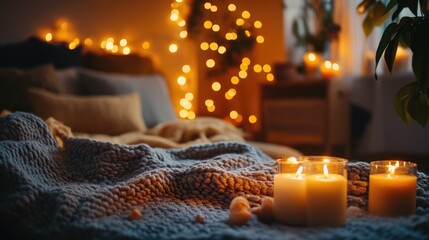 Cozy bedroom setting with lit candles on a textured blanket and soft bokeh lights in the background Copy Space