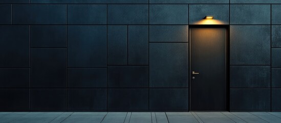Black tiled exterior wall with illuminated door at night featuring ample empty copyspace for text or design elements