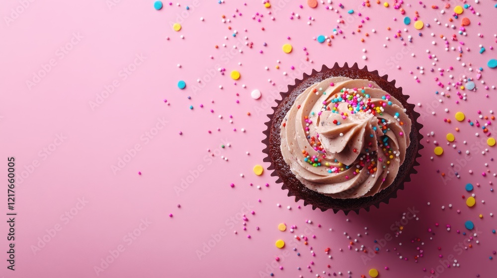 Poster chocolate cupcake with swirl frosting and colorful sprinkles on a pink background with ample space f