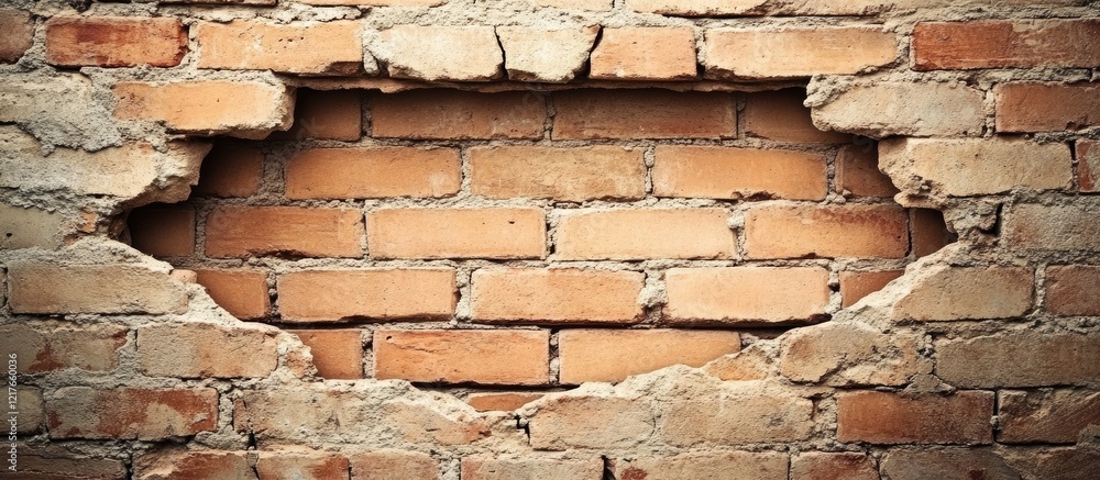 Aufkleber Brick wall texture with broken area creating empty space ideal for text or graphic overlay in a rustic environment.