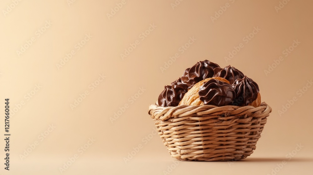 Poster chocolate croissants in woven basket on neutral background with empty space for customizable text or