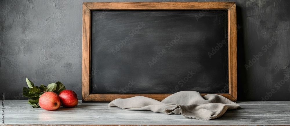 Poster Chalkboard on Countertop Surrounded by Cloth and Apples with Blank Space for Custom Text or Messages