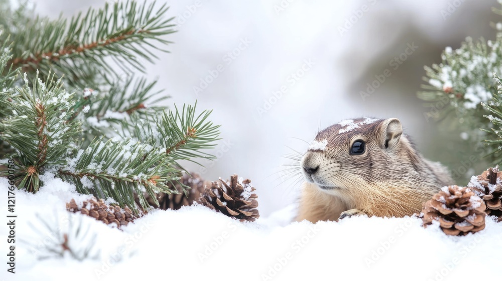 Aufkleber squirrel in snowy landscape surrounded by pine branches and cones with copy space for text placement