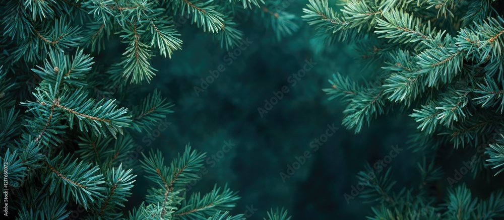 Poster green coniferous tree branches framing dark background with copy space for text or design elements