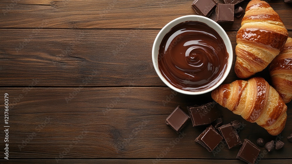 Poster chocolate croissants with rich dipping chocolate and dark chocolate squares on rustic wooden backgro