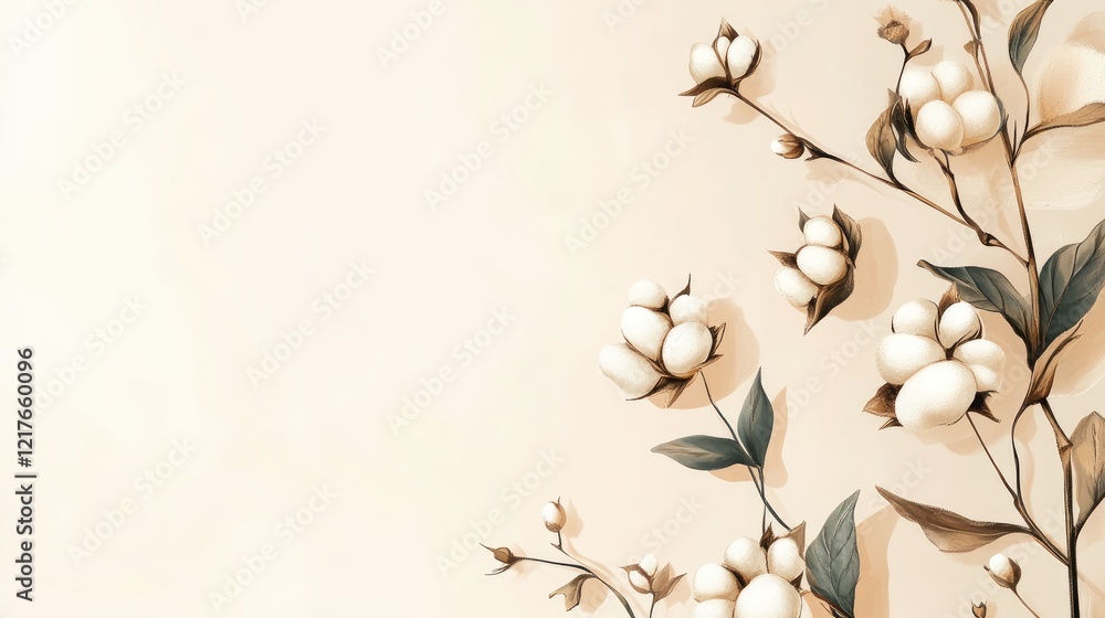 Poster cotton flower branches with soft white blooms on a light beige background with ample copy space for 