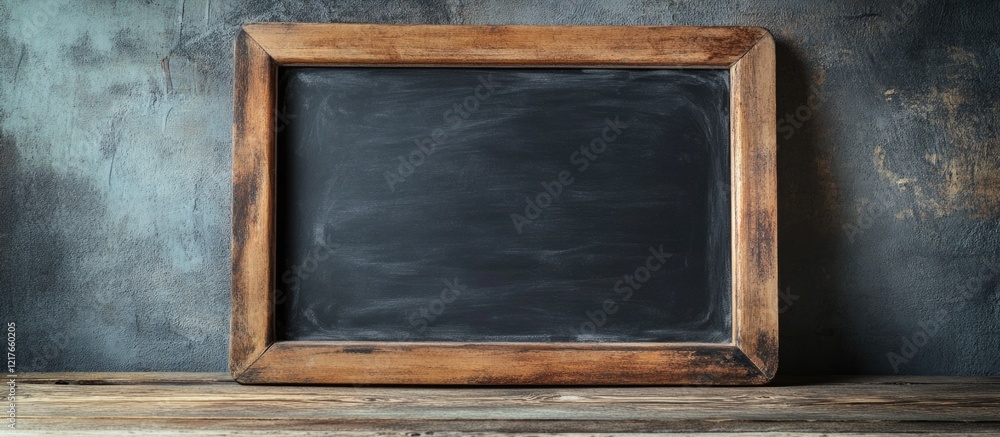 Aufkleber Wooden framed blank chalkboard on a rustic table with ample copyspace for writing text or messages in a cozy indoor setting