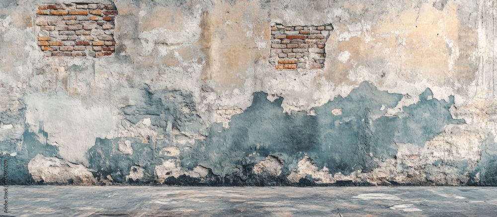 Aufkleber Weathered brick wall backdrop with peeling paint and empty space for text and design elements in a grunge style setting.