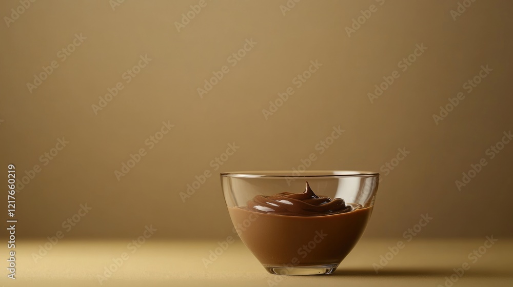 Poster decadent chocolate custard pudding in clear glass bowl with smooth creamy texture and empty backgrou