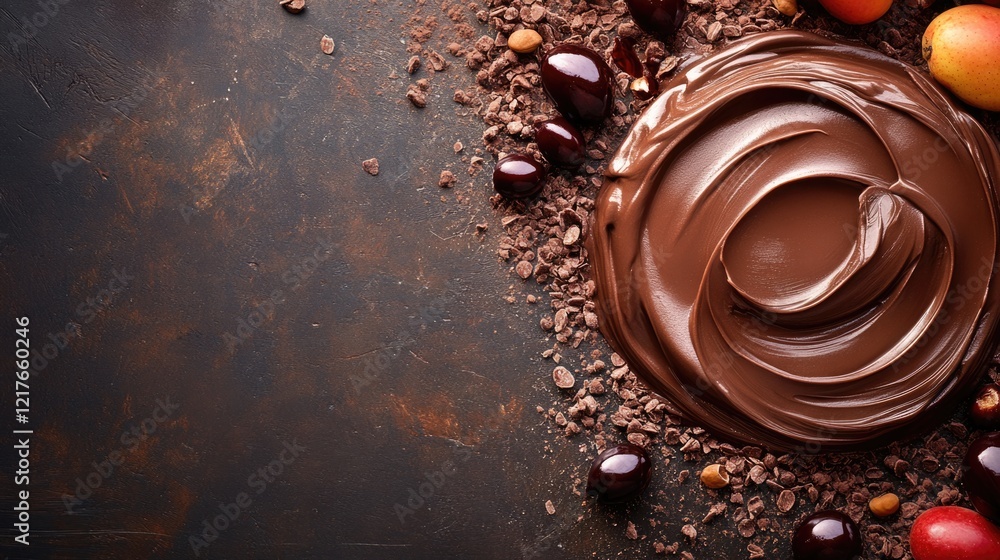 Poster chocolate cream production with cocoa and fruit composition on dark surface showcasing rich textures