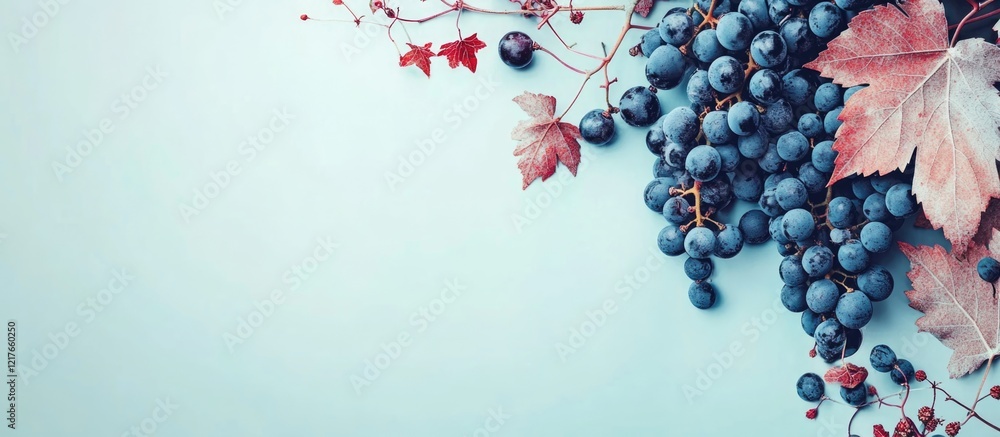 Poster blue grapes with vibrant autumn leaves creating a fresh and juicy seasonal backdrop ideal for text o