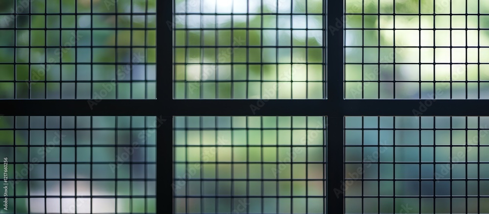 Poster black window screens with a blurred green background and ample copyspace for promotional text or con