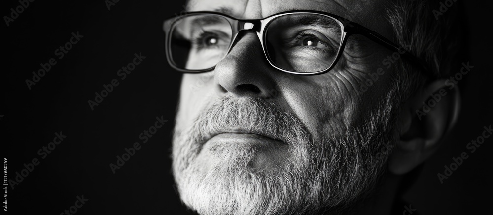 Poster high contrast black and white portrait of mature man with glasses featuring ample copyspace for text