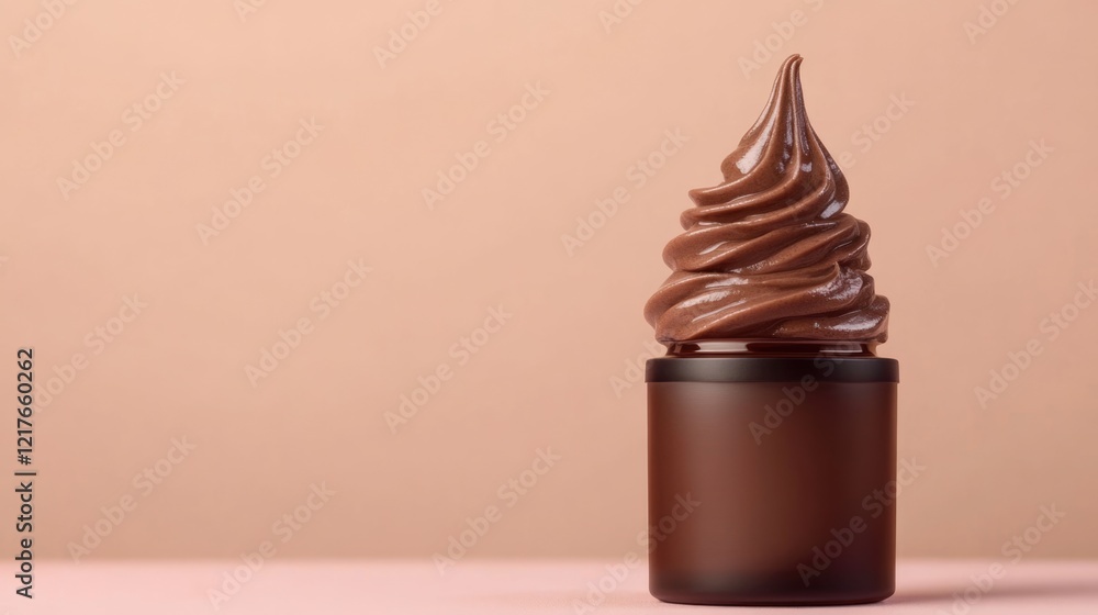 Poster chocolate cream swirl in squeeze bottle on soft pastel background with ample blank space for text or