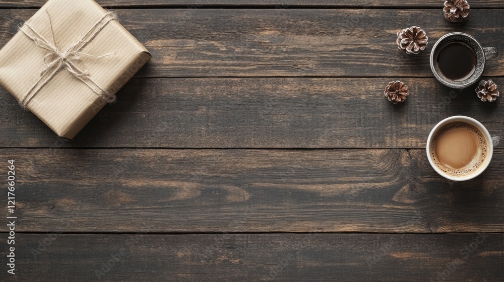 Aufkleber coffee cups and gift box on rustic wooden table with pine cones and copy space for text or design el