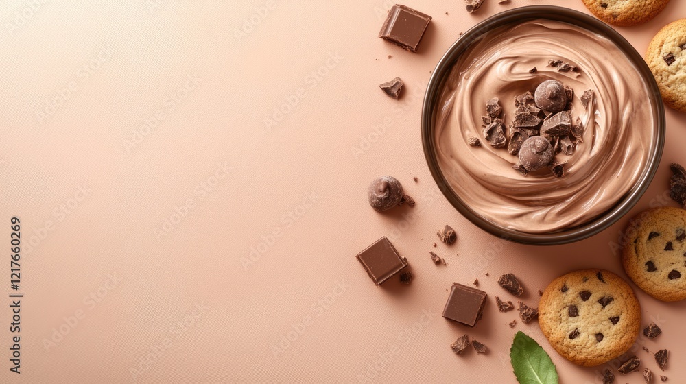 Poster chocolate cream and cookie scene with empty space for text or recipe ideas on a soft neutral backgro