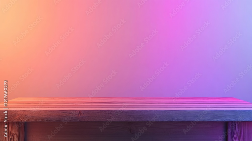 Poster wooden tabletop with gradient color backdrop in purple and orange tones suitable for display with co