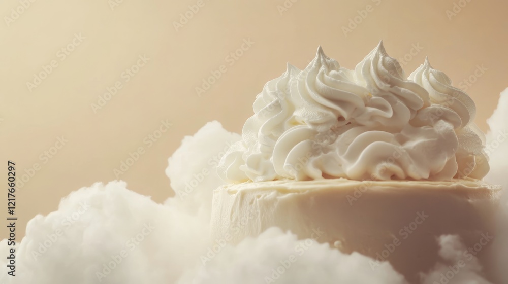 Poster chocolate cream cloud cake with whipped frosting surrounded by ethereal clouds and empty space for c