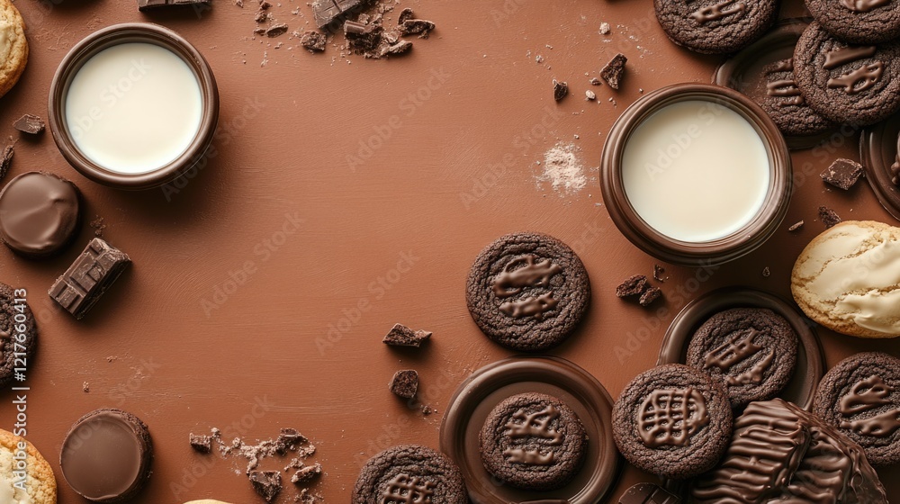 Poster chocolate cookies and milk on a brown background with assorted bakery items and ample space for text