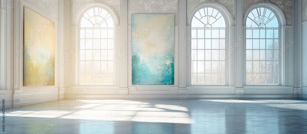 Aufkleber Elegant interior with large windows showcasing artwork and ample empty space for text in a bright, airy atmosphere.