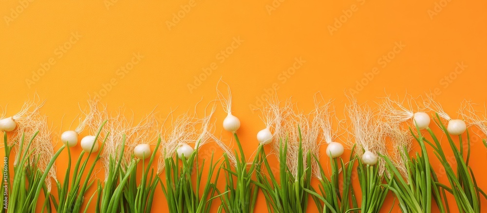 Poster close up of fresh onion bulb seedlings against a vibrant orange background with ample space for adve