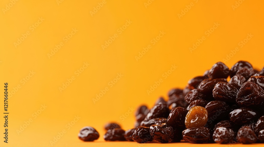 Aufkleber chocolate covered raisins piled on vibrant orange background with generous space for custom text or 
