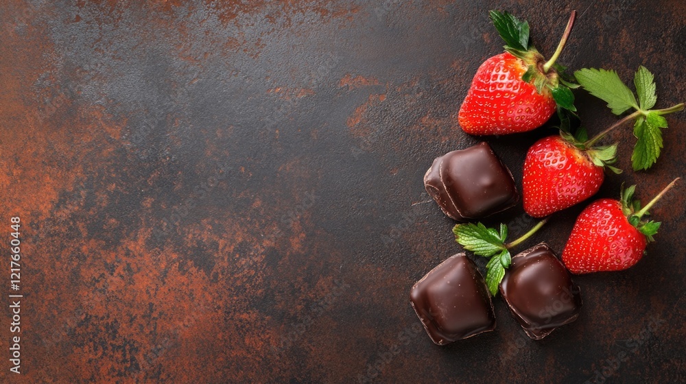 Poster chocolate covered strawberries on rustic background with empty space for text or branding