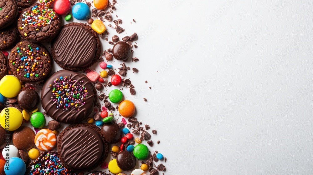 Poster chocolate cookies and colorful candy arrangement on white background with blank space for text and c