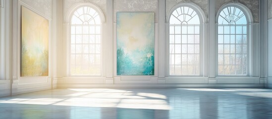 Elegant interior with large windows showcasing artwork and ample empty space for text in a bright, airy atmosphere.