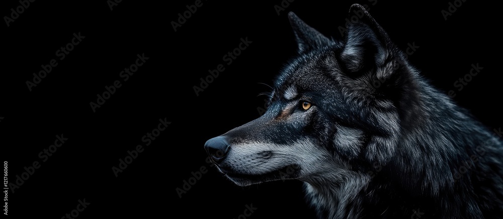 Aufkleber Close up portrait of a black wolf facing left against a dark background with ample empty space for text or captions