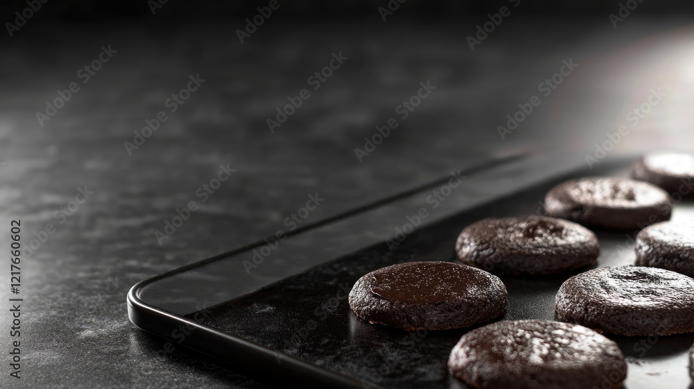 Poster chocolate cookies cooling on a baking tray with dark background and empty space for text or graphic 