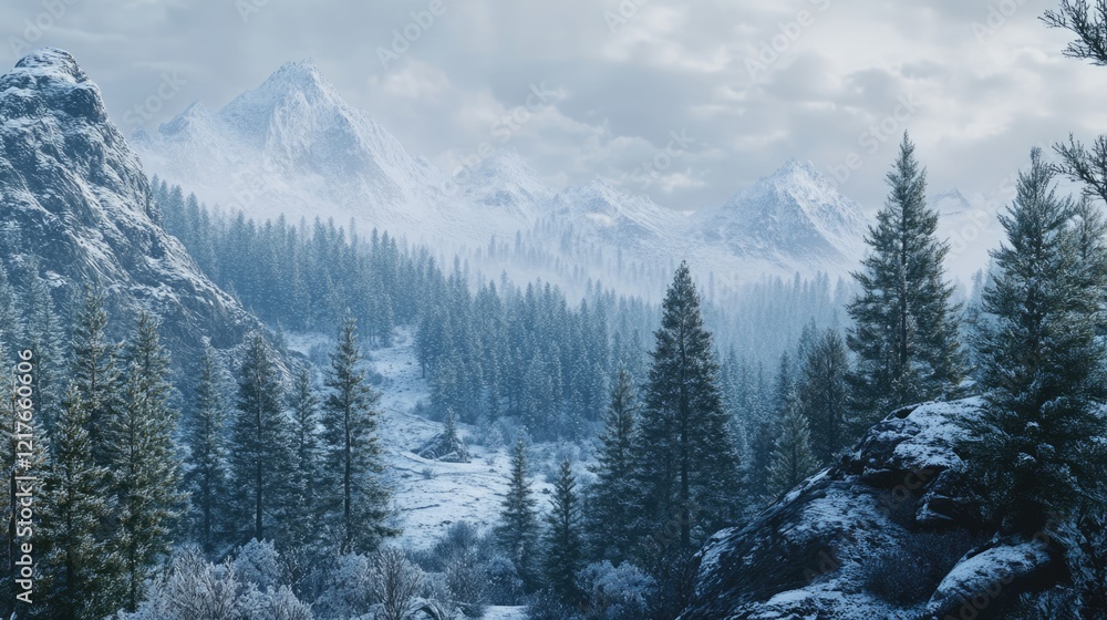 Aufkleber snowy mountain landscape with evergreen trees in winter setting showcasing a tranquil atmosphere and