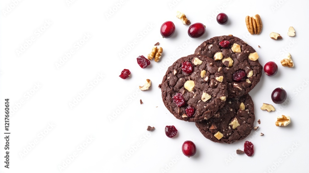 Aufkleber chocolate cookies with cranberries and nuts arranged on a white background with space for text and d
