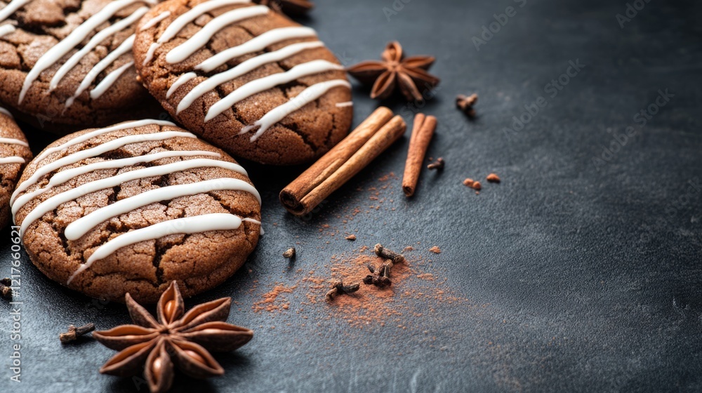 Aufkleber chocolate cookies with icing and cinnamon sticks on dark stone surface with empty space for text and