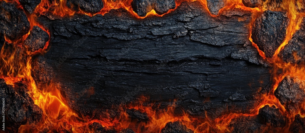 Poster black tree trunk framed by fiery orange flames with blank space for text banner design