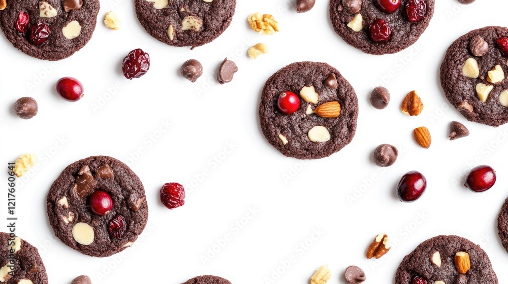 Aufkleber chocolate cookies with cranberries and nuts arranged on a white background with ample space for text