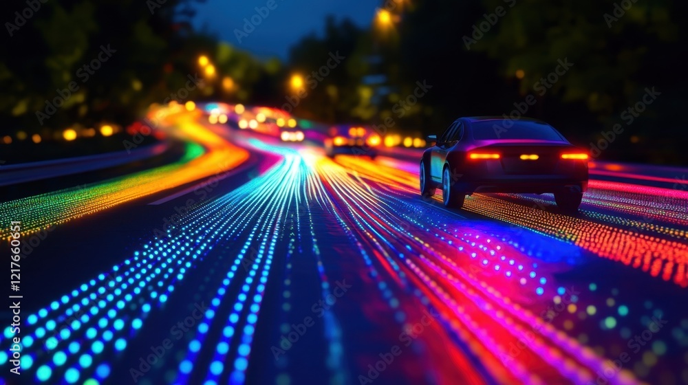 Poster glowing roadways that dynamically shift colors and patterns guiding autonomous vehicles seamlessly t