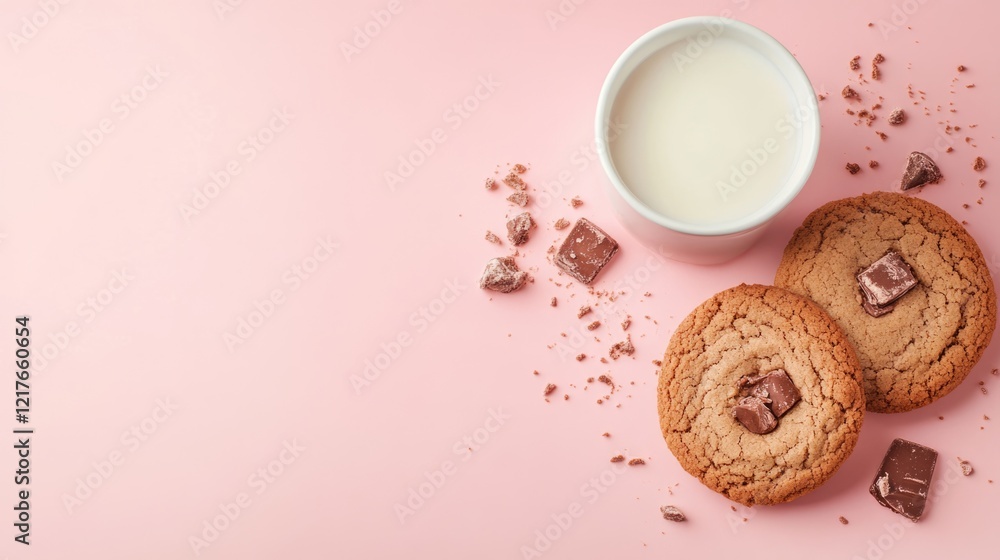Poster delicious chocolate cookies with milk on pink background perfect for dessert promotion or recipe wit