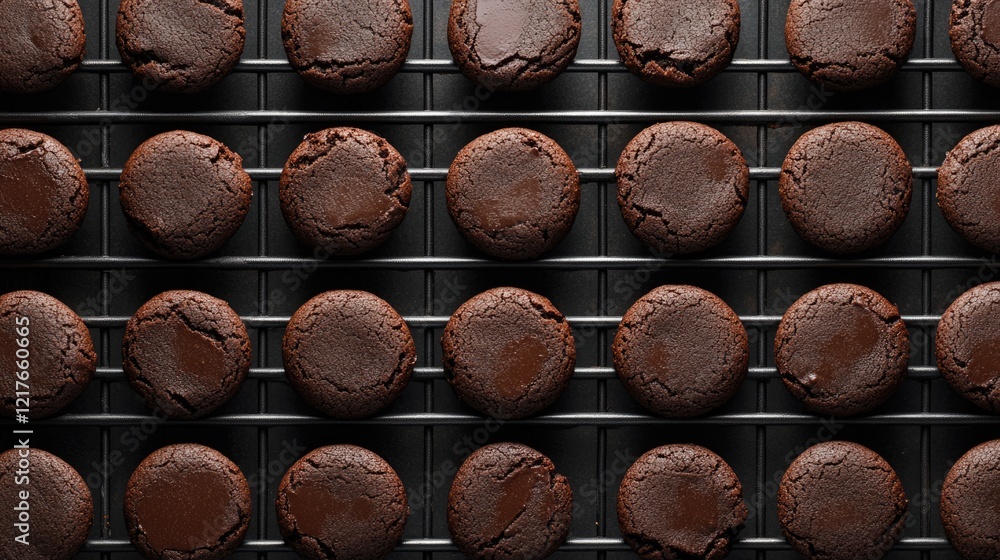 Poster freshly baked chocolate cookies cooling on a wire rack with blank space for placement of text or des