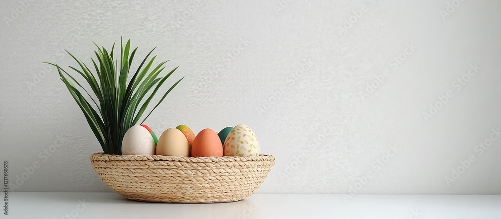 Aufkleber Minimalistic spring basket featuring decorated eggs and greenery with ample empty space for personalized text or seasonal messages