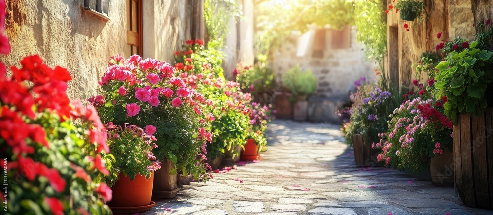 Poster Charming village courtyard filled with vibrant geraniums and sunlit cobblestones creating inviting atmosphere for text placement