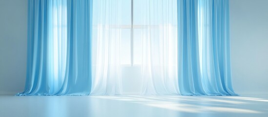 Bright and airy bedroom interior featuring blue sheer curtains and natural light illuminating empty space for text and design elements