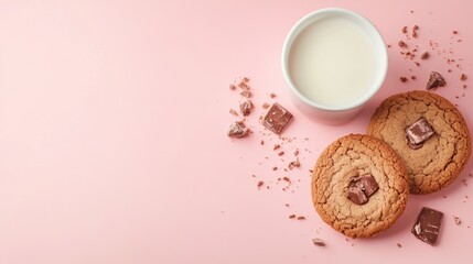 Delicious Chocolate Cookies with Milk on Pink Background Perfect for Dessert Promotion or Recipe with Empty Space for Custom Text